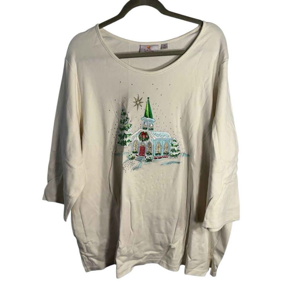 Quacker Factory Womens Embellished Embroidered Holiday Church T-shirt White 3X